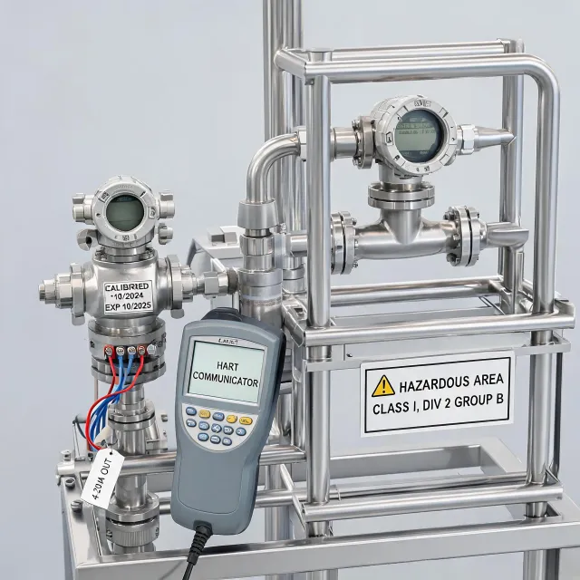 Pressure transmitters and flow meters on process plant skid