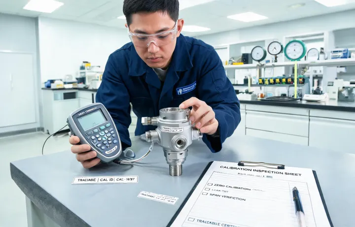 Calibration bench with transmitter and inspection sheet